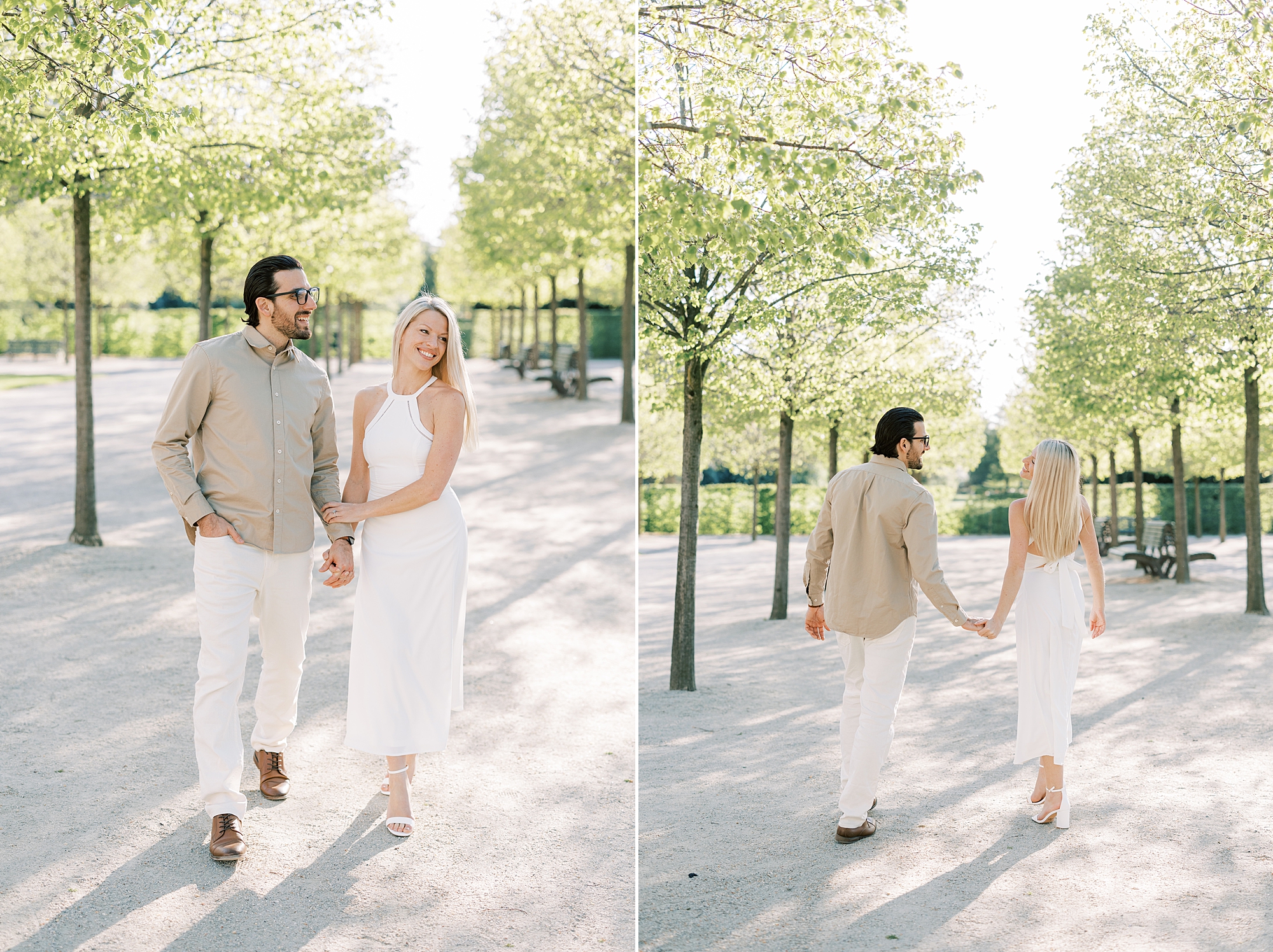 engaged couple holds hands walking through Longwood Gardens