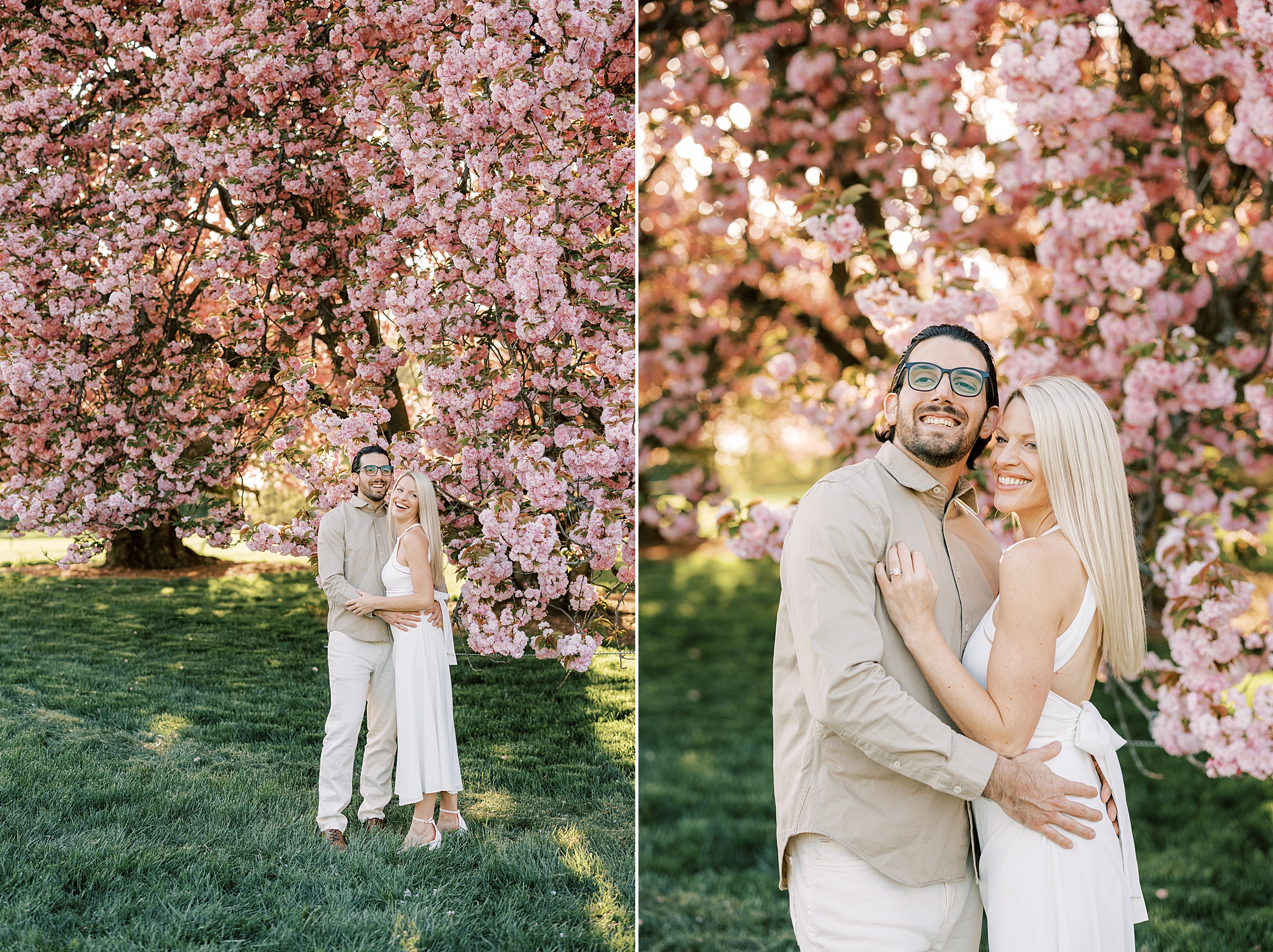 woman leans into man during cherry blossoms Longwood Gardens engagement session