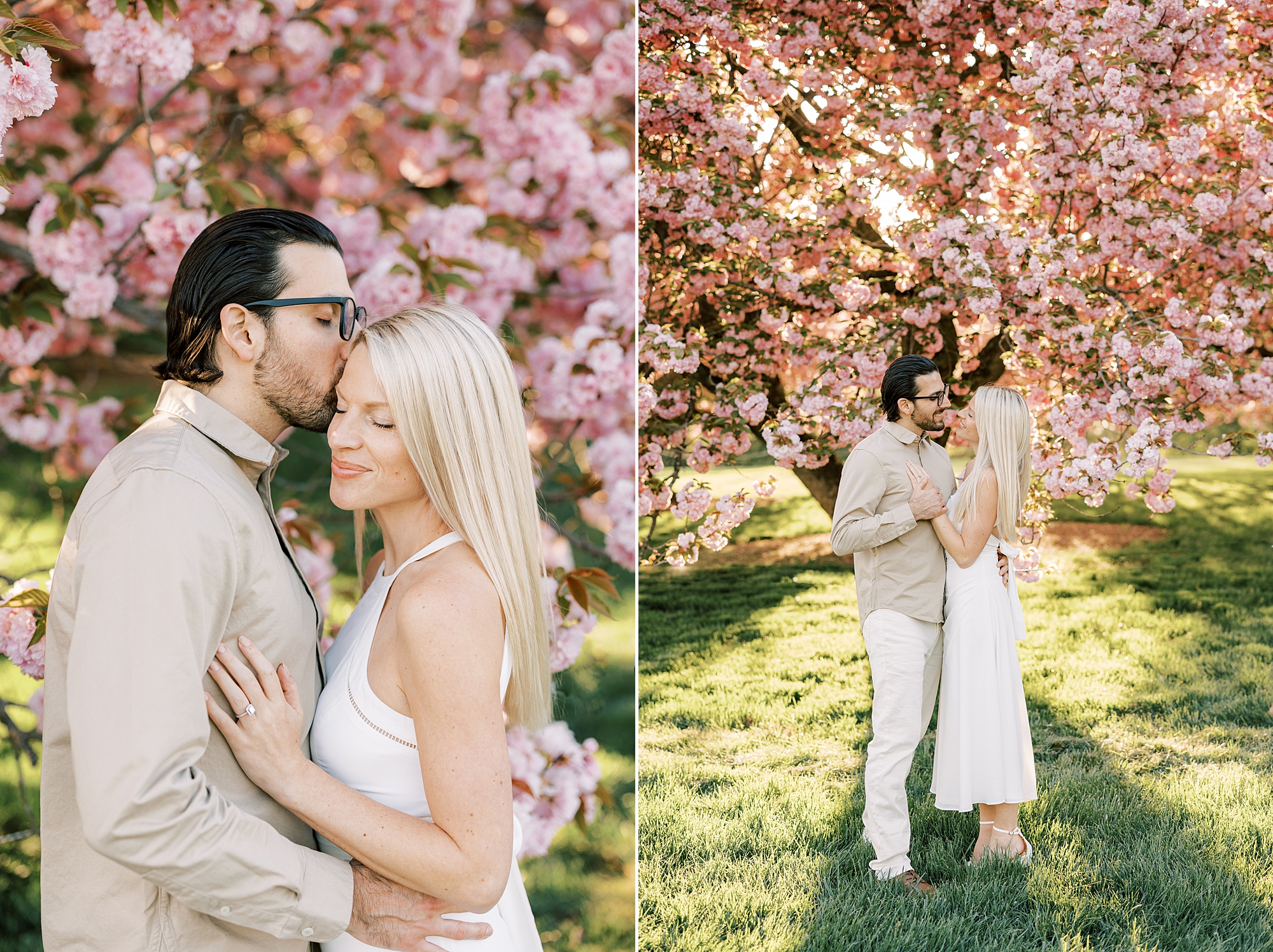 couple hugs during cherry blossom Longwood Gardens engagement session