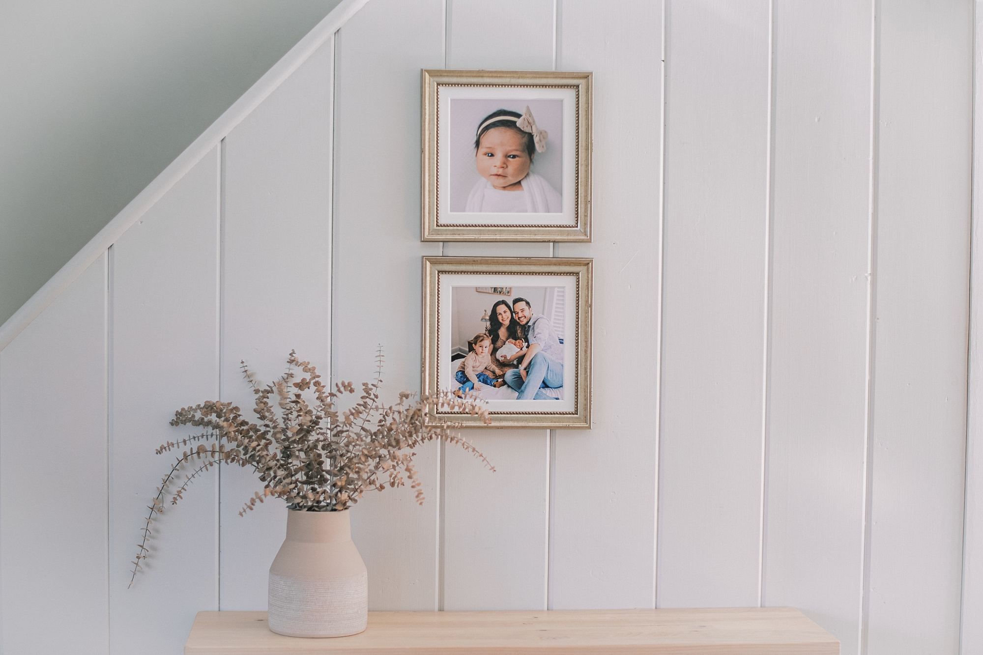 2 Framed wall art pieces in an antique silver frame displayed on a shiplap wall in Media PA
