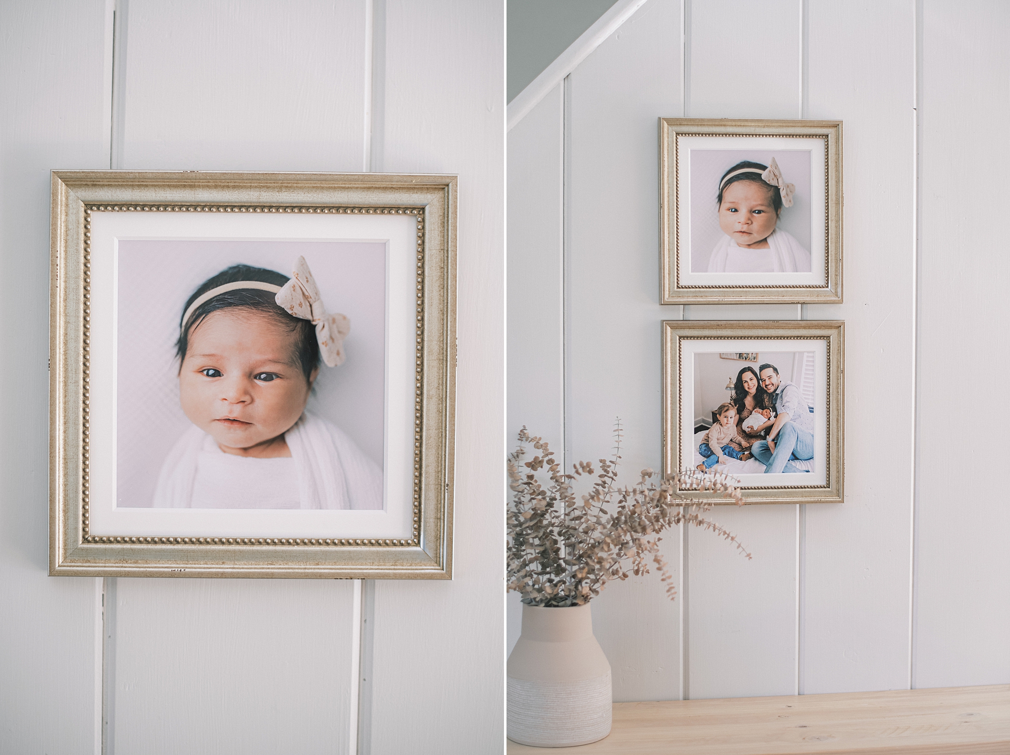 2 Framed prints of a newborn baby girl and family displayed on a wall by in home newborn photographer Samantha Jay