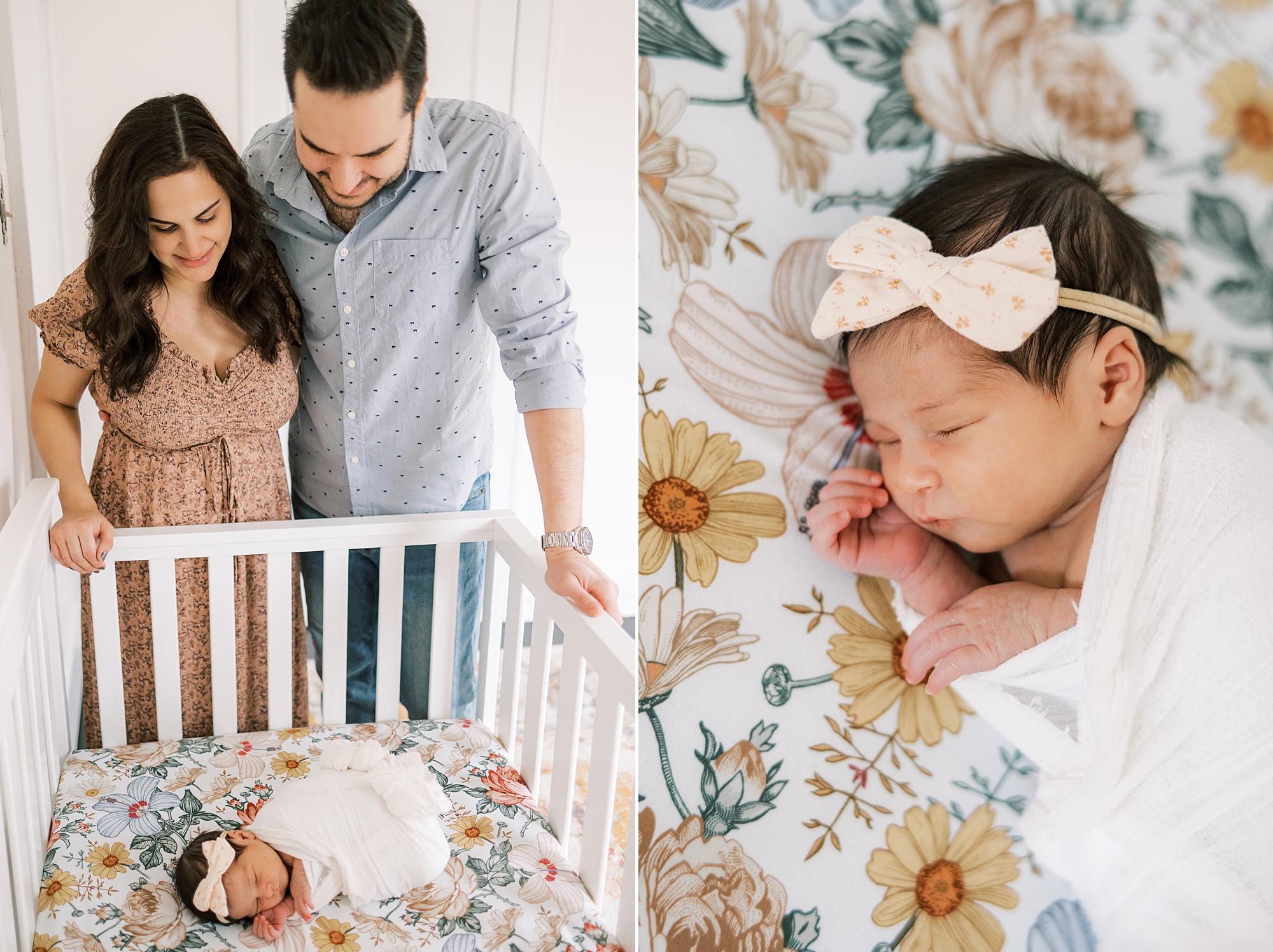 baby girl lays on flower sheet in crib during newborn portraits at home in Media PA