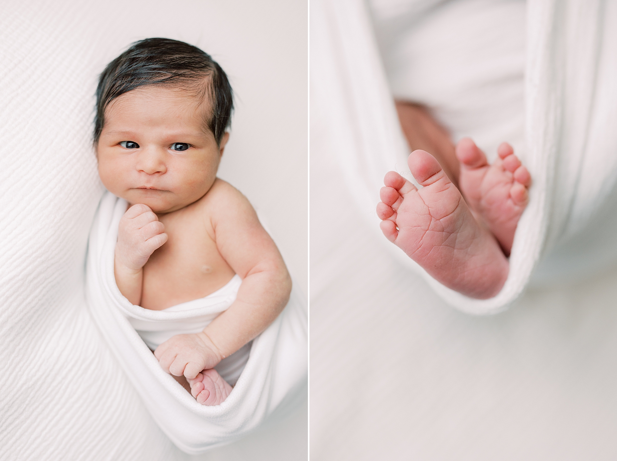 newborn baby lays in white wrap during newborn portraits at home in Media PA