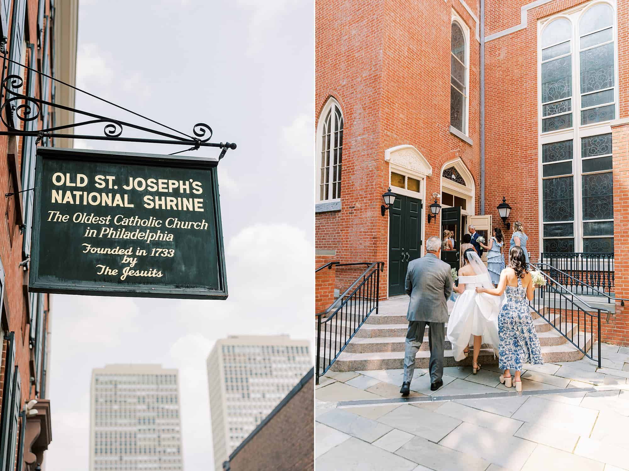 Bride enters Old St Joseph's church in Philadelphia with her bridesmaids for her wedding ceremony