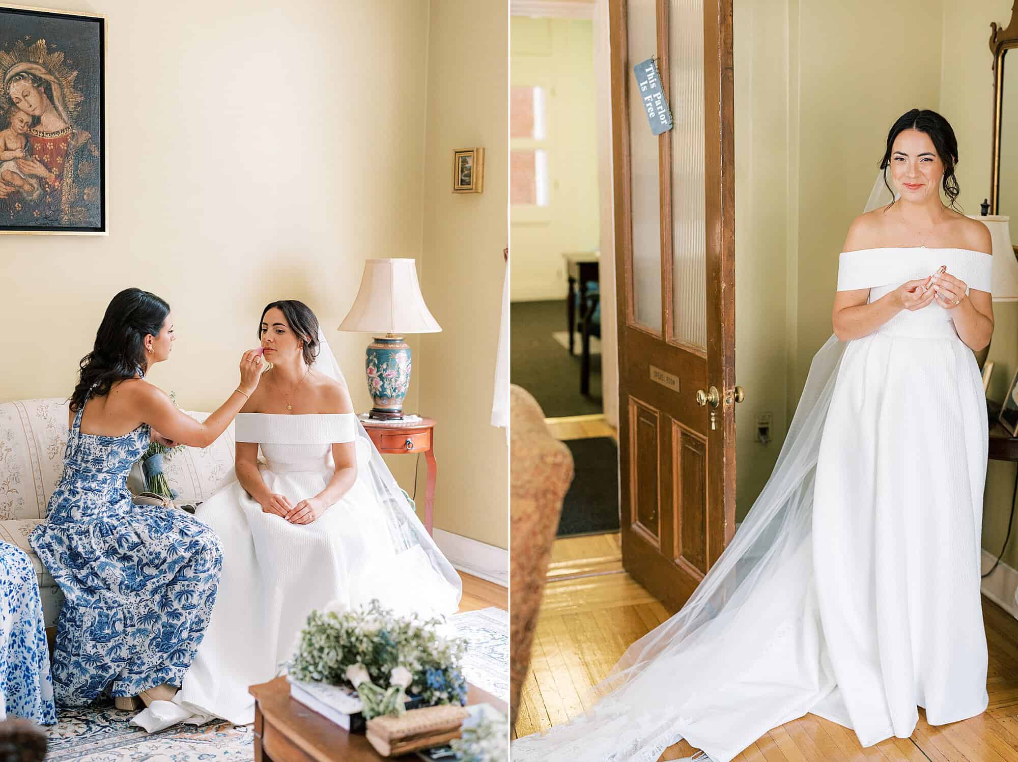 bride applies fresh lipstick before her wedding ceremony in Philadelphia's oldest church