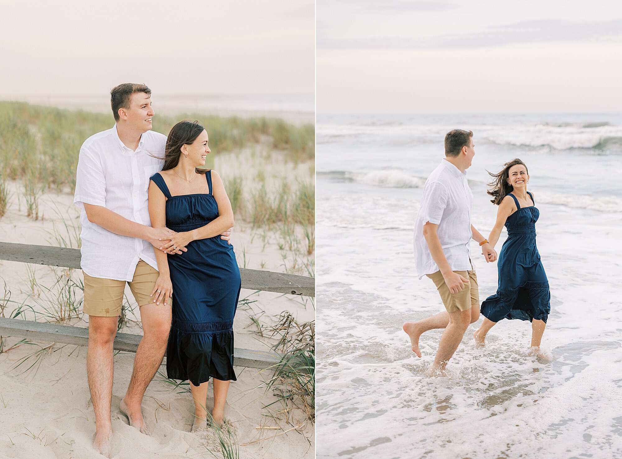 bride and groom hold hands running in the water during Ocean City NJ engagement photos