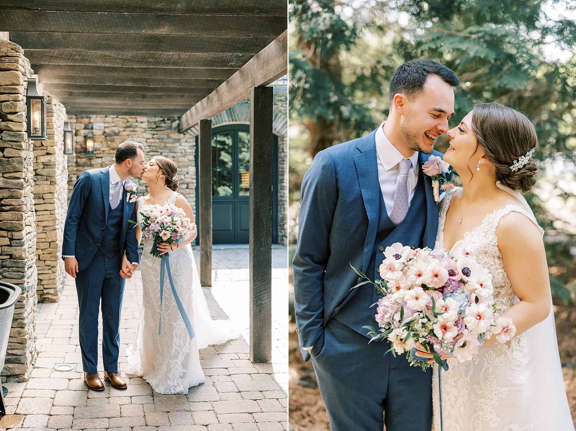 bride and groom hug under wooden walkway at Lake House Inn