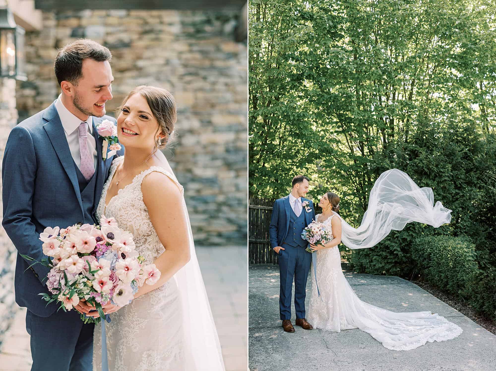 bride and groom hug under wooden walkway at Lake House Inn