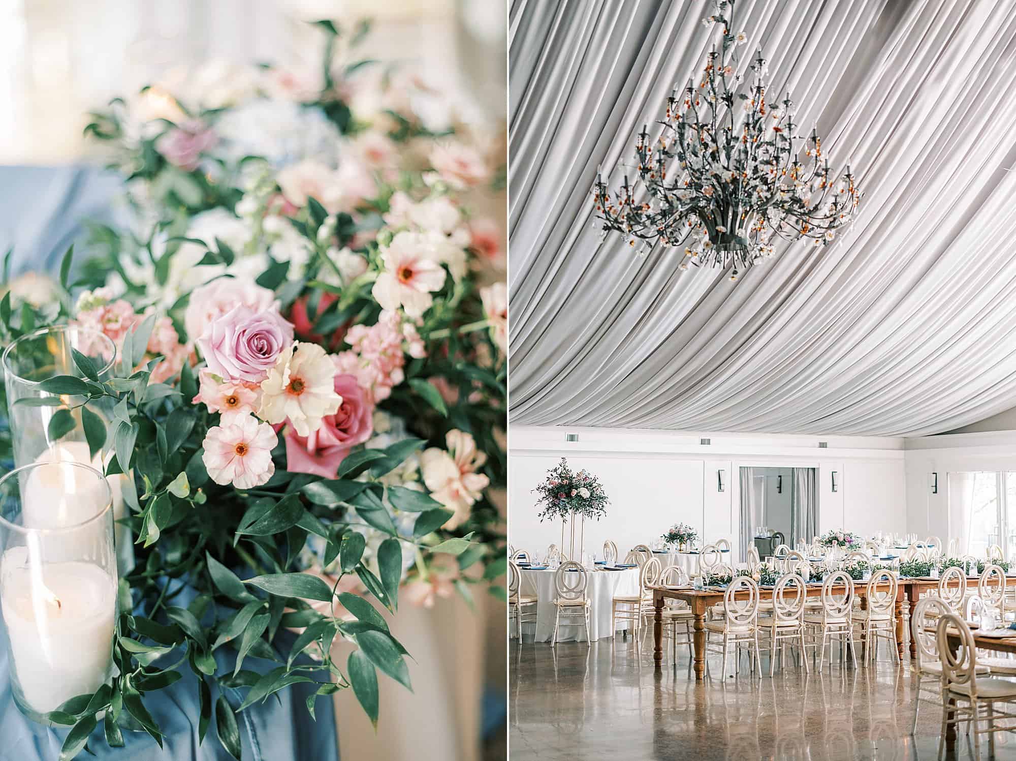 spring wedding reception inside Lake House Inn with blue, white, and gold details 