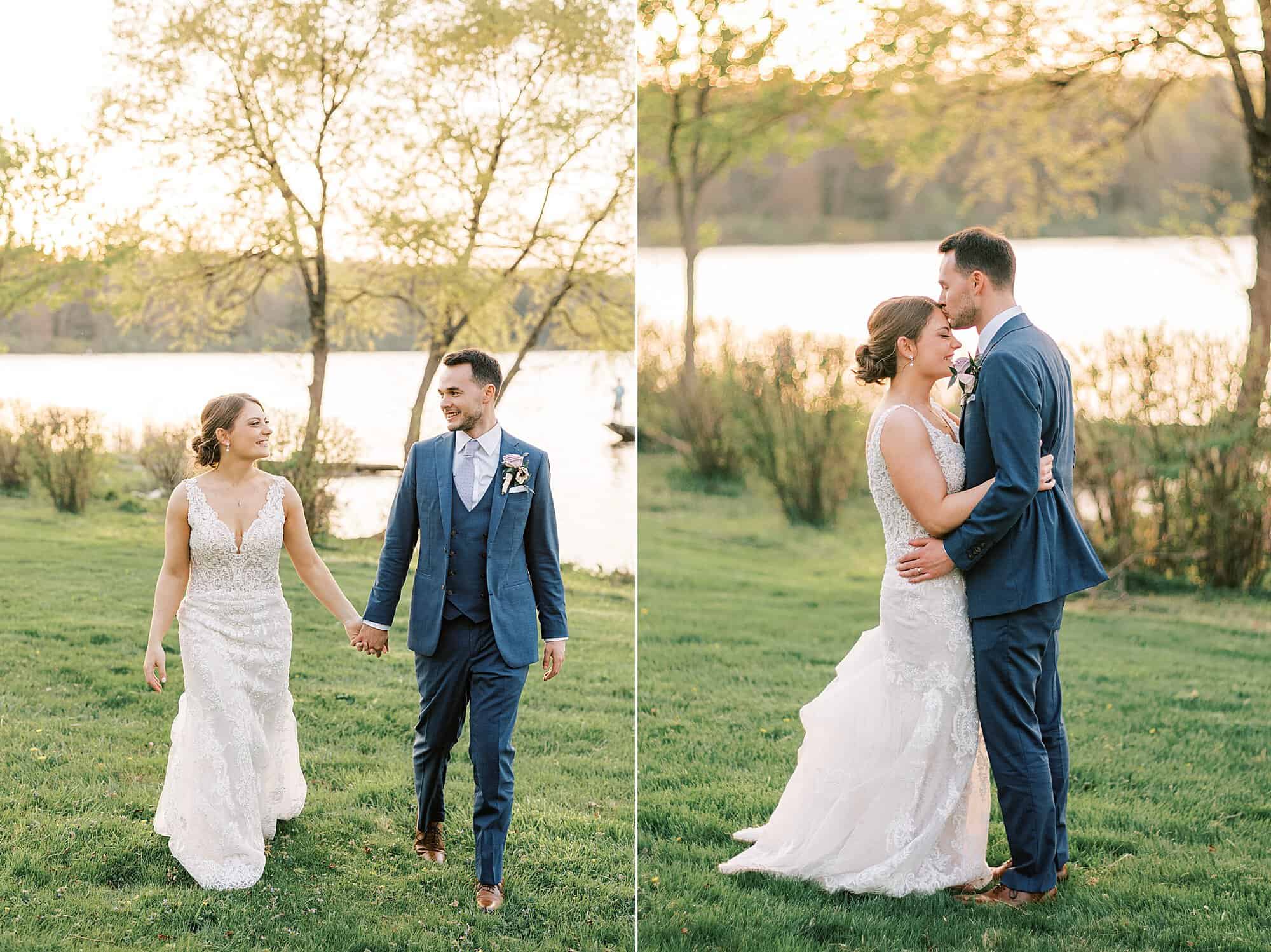 groom kisses bride's forehead during sunset portraits at Lake House Inn