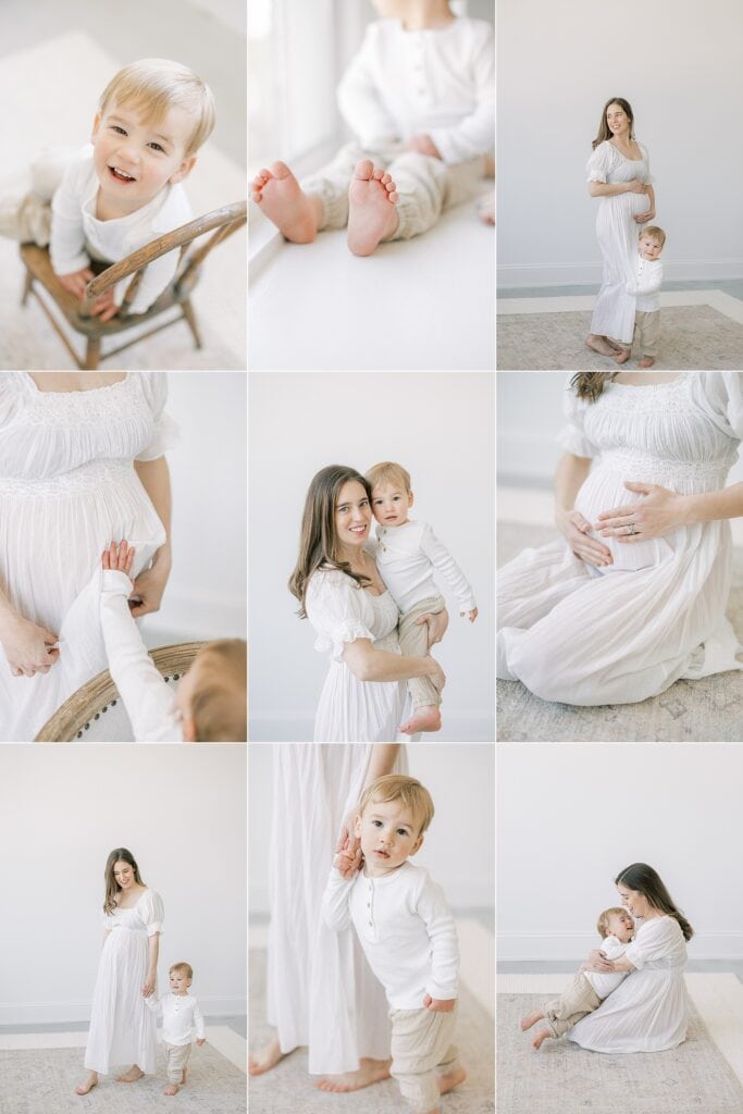 A 9 image collage of a pregnant mother and her 2 year old son during their Philadelphia studio maternity photography session.  The mother is dressed in a White Doen Dress. 