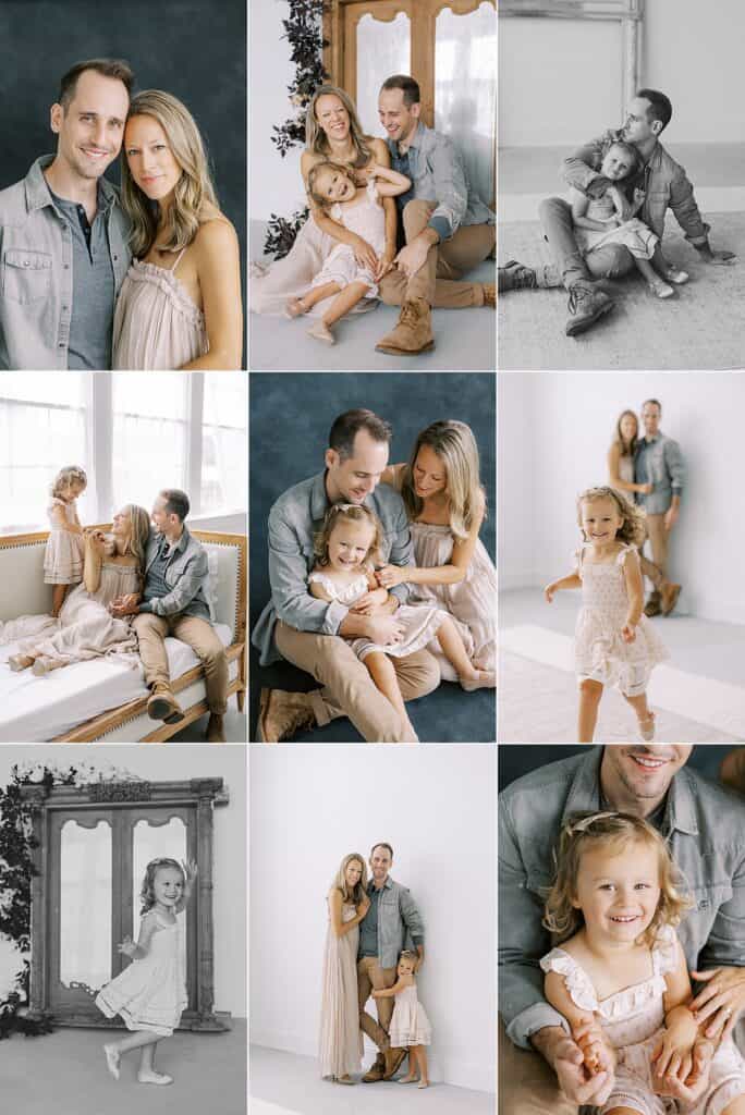 A mother, father and daughter impeccably dressed in their fall family photo outfits during their studio session with Samatha Jay Photography in Aston PA