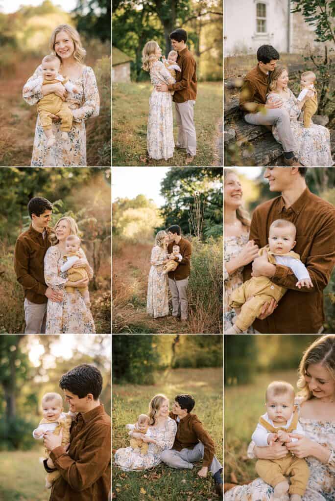 A 9 image collage of a mother, father and 6 month old baby boy impeccably dressed in their fall family photos outfits for a session at Valley Forge with Samantha Jay Photography