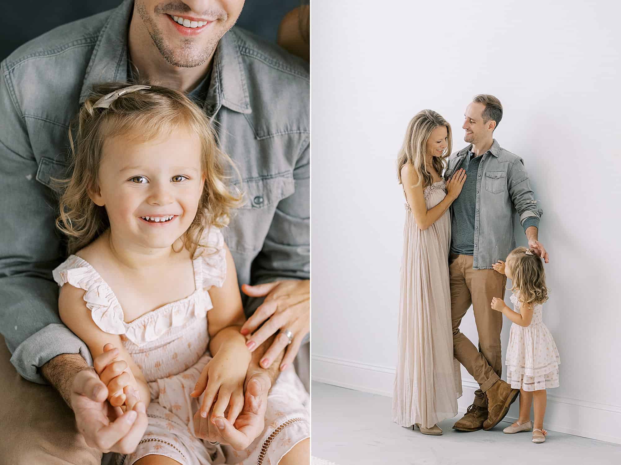 a two image collage featuring a close up image of a little girl on her dads lap on the left and a portrait of a mother, father and daughter on the right