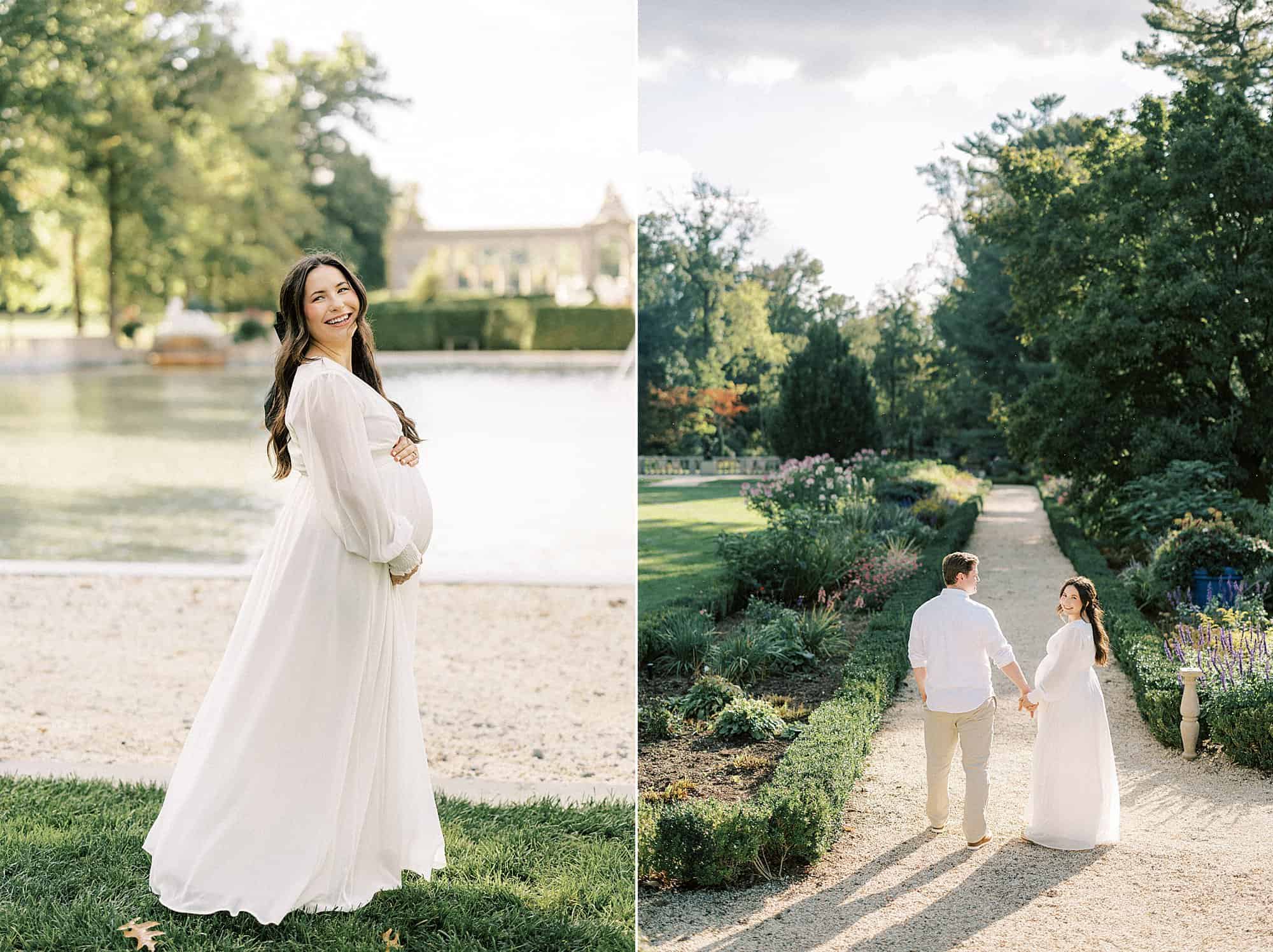 a pregnant woman and her husband hold hands a walk away from the camera in to a lush floral garden during their golden hour maternity session at Nemours Mansion and Gardens in Wilmington Delaware