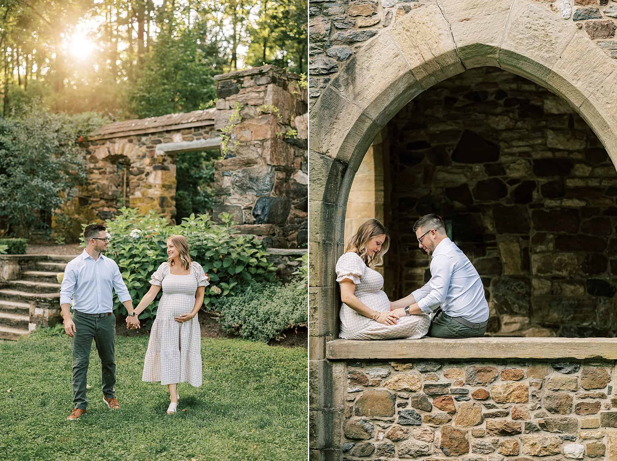 a pregnant couple walk through a lush garden with stone ruins during their golden hour maternity photos at Hunting Hill Mansion in Ridley Creek State Parque