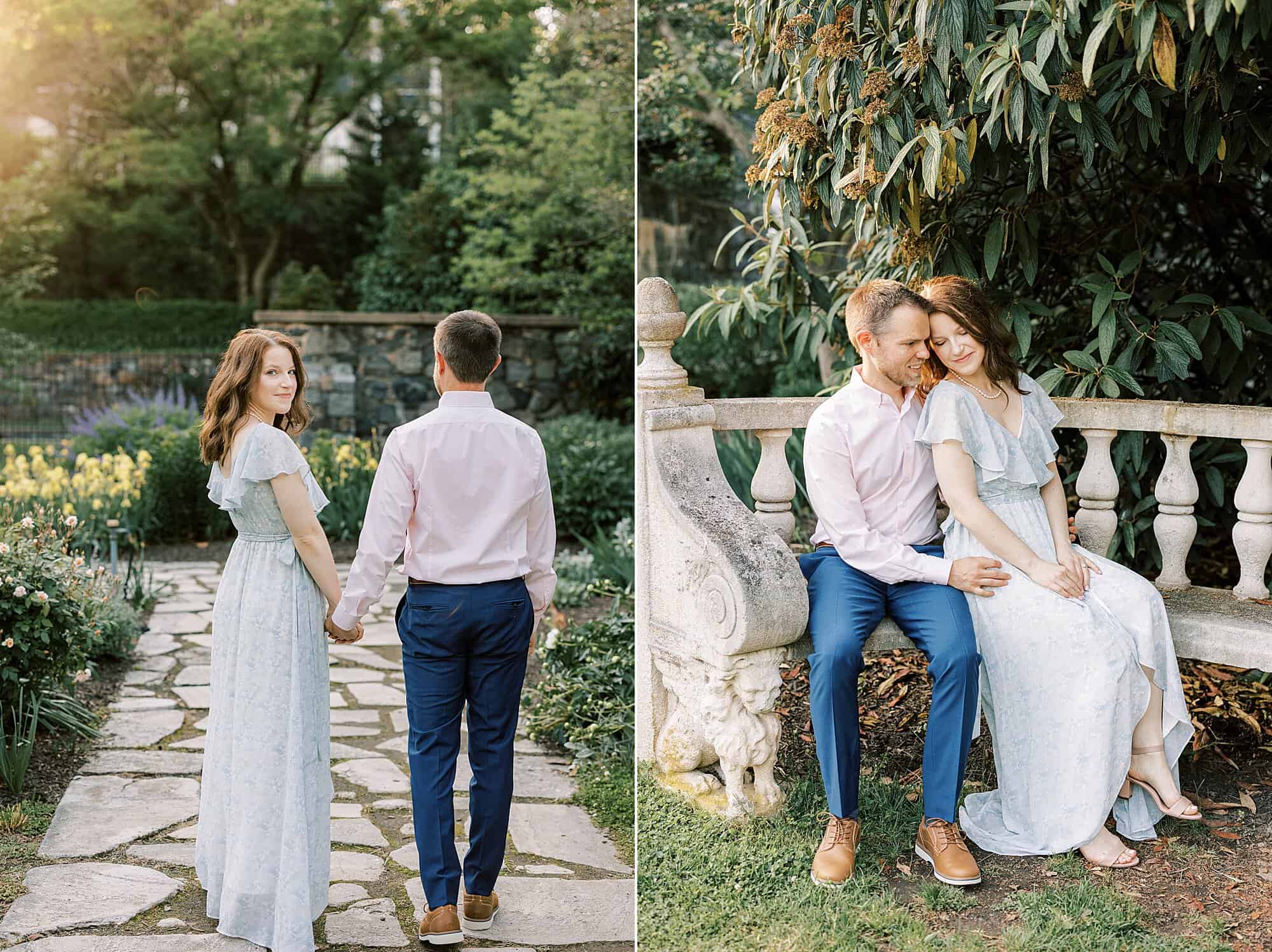 an engaged man and woman snuggle up to each other on a beautiful stone bench during their engagement session at Longwood Gardens