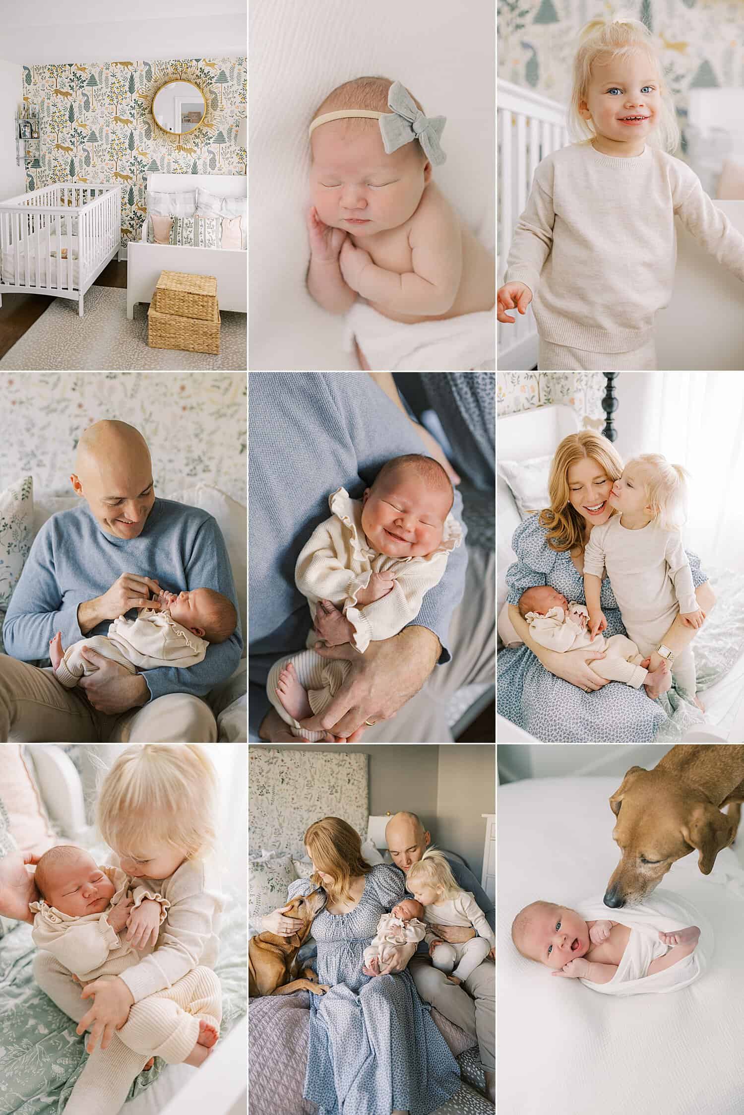 a 9 image collage of images from an in home newborn photo session that features a toddler sibling, new baby, and parents snuggling and taking care of each other in their stylish home