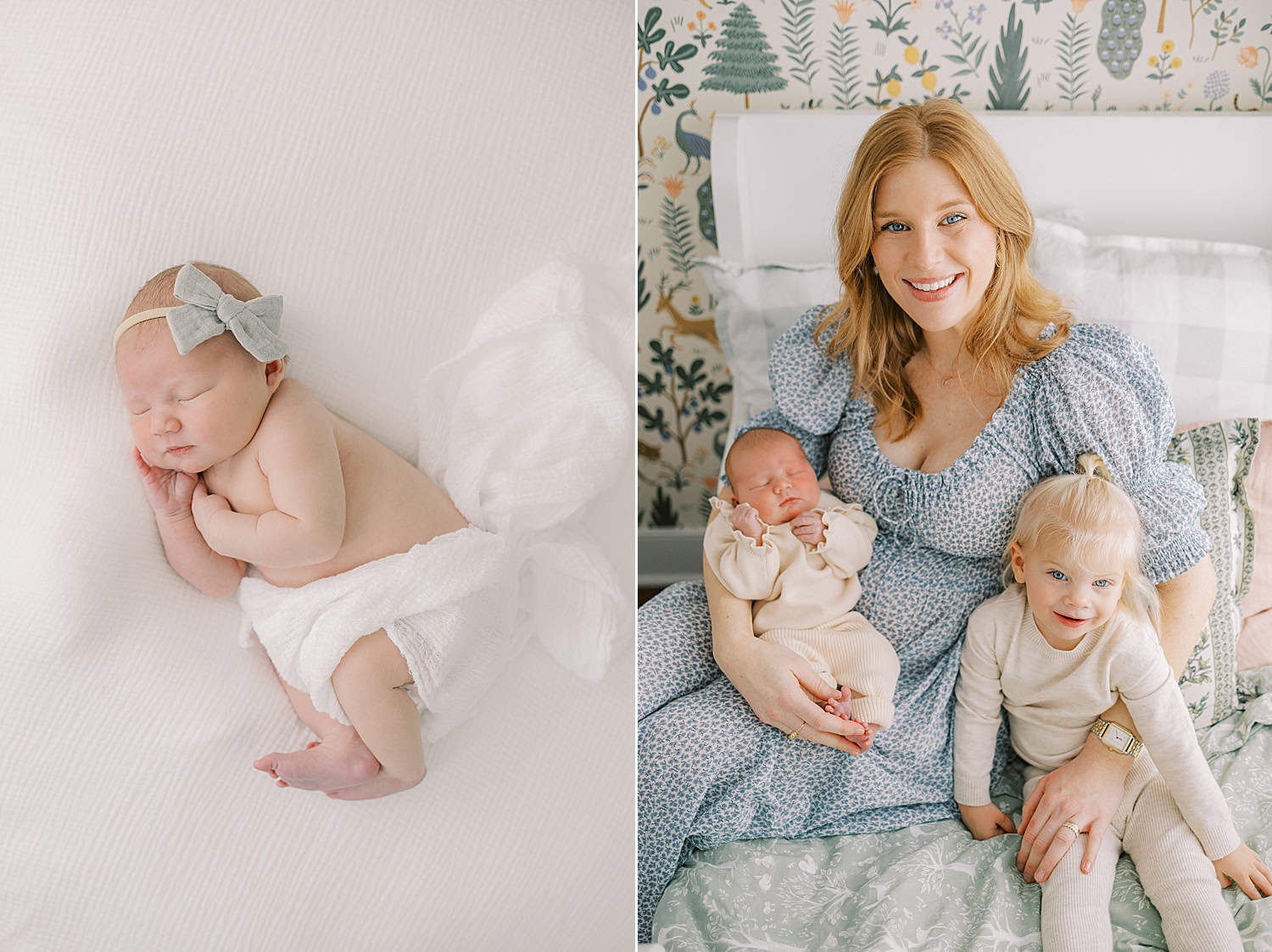 a 2 image collage, the left image is a portrait of a newborn baby girl on a white backdrop with a white wrap around her bottom and a gray bow in her hair. the right image is a mother in a blue floral Doen dress with her toddler daughter and her newborn baby girl during their in home newborn photos 