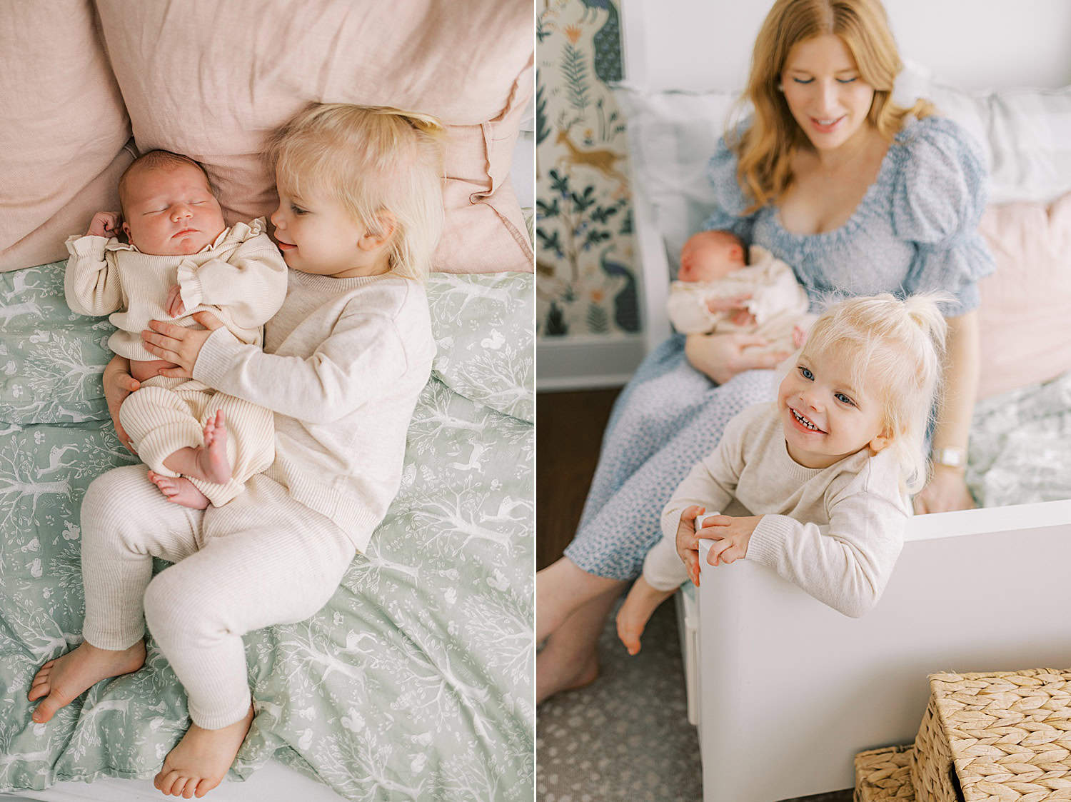 a 2 image collage.  on the left a toddler girl holds her baby sister laying on a stylish sage green bed spread and on the right is a image that focuses on a smiling toddler girl leaning over her white bed frame with her mother and baby sister out of focus in the background