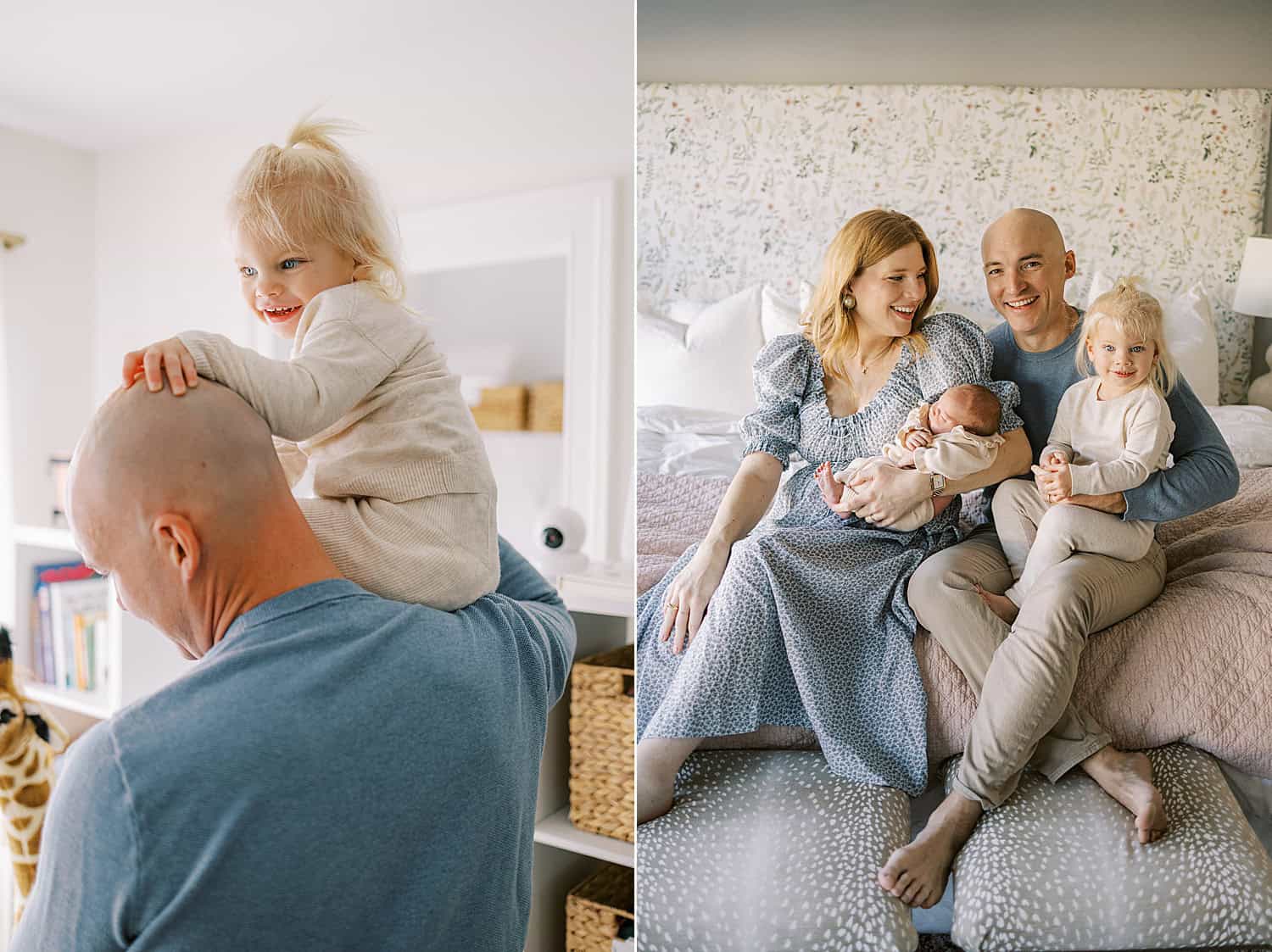 a toddler girl sits on her father's shoulders