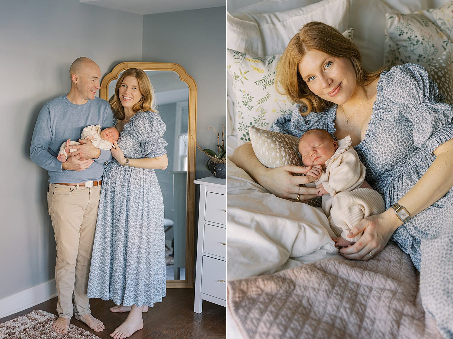 a mother reclines on a bed of blankets holding her newborn baby girl and looking serenely at the camera