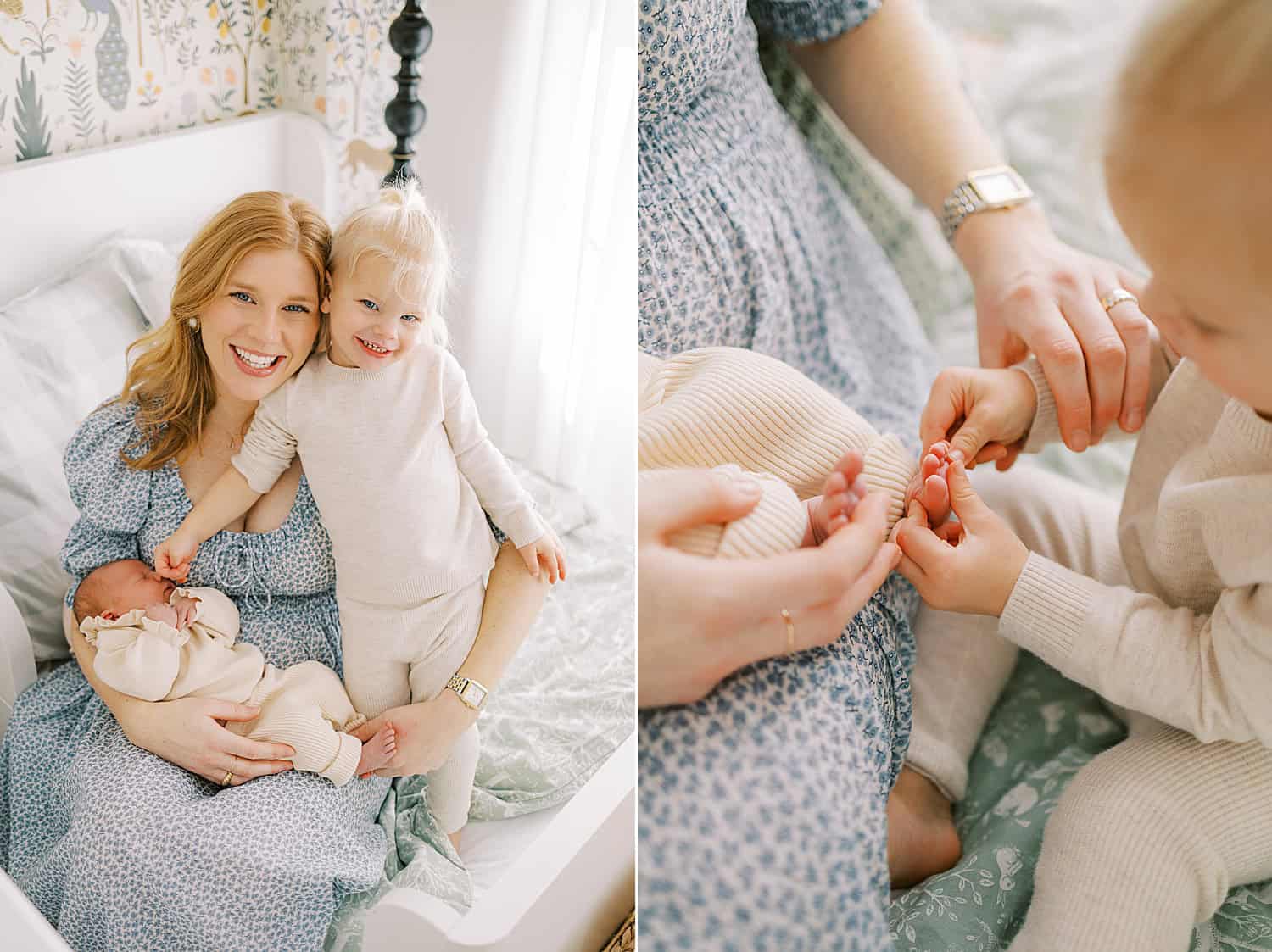 a 2 image collage captured by Kennett Square newborn photographer Samantha Jay. the left image is a toddler girl smiles at the camera with her mother and newborn baby sister. the right image is a close up detail of the toddler sibling counting her baby sister's toes while her mother holds the baby