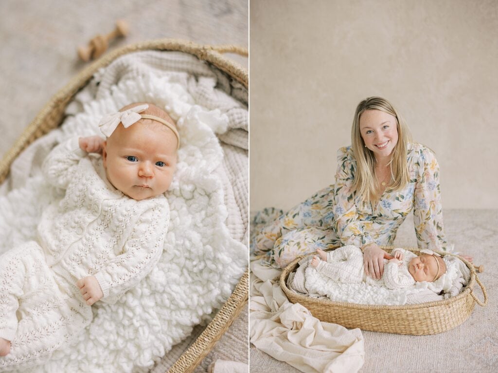 A mother in a floral dress sits with her newborn baby girl posed on a moses basket during her fine art newborn photoshoot at Samantha Jay Photography's studio in Media PA