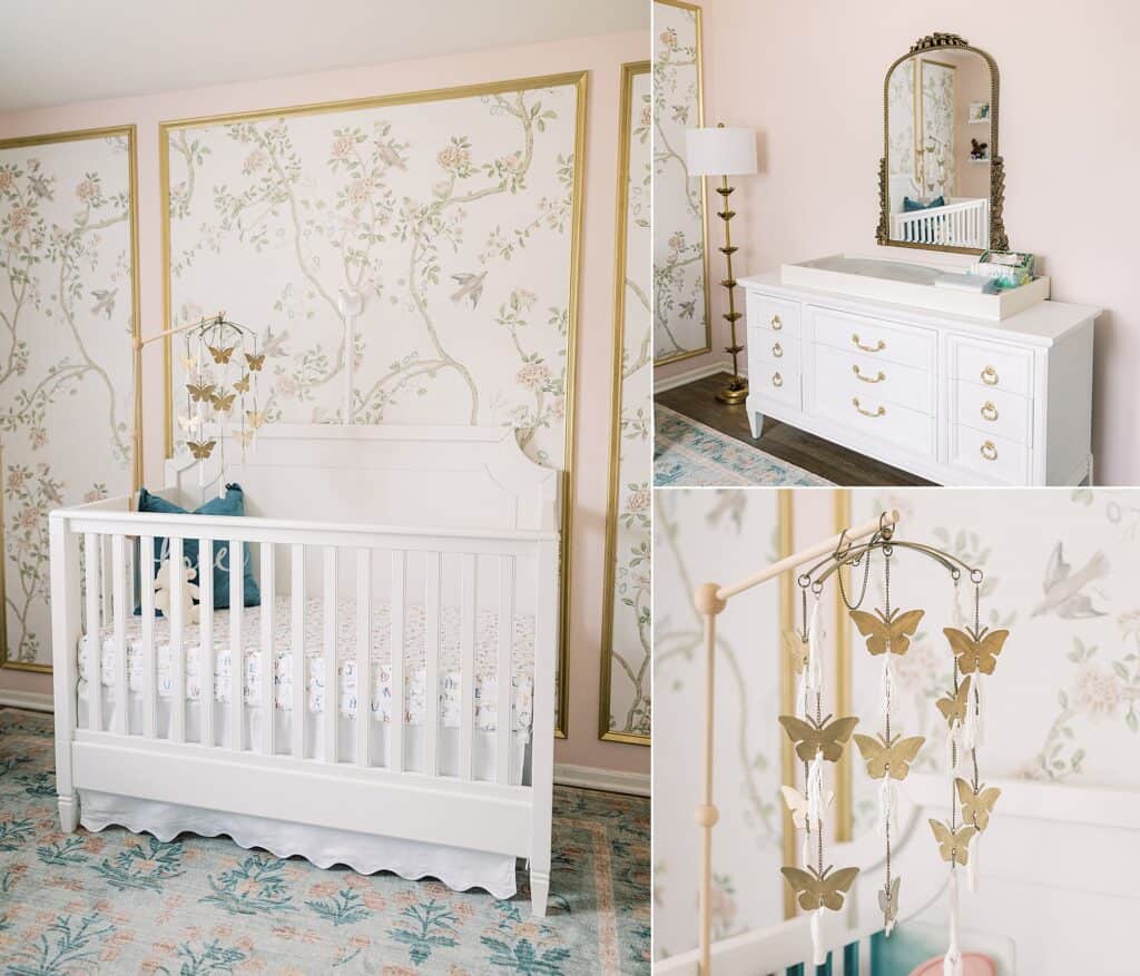 a collage of images from a baby girls light pink nursery with a beautiful floral wall paper, white vanity and crib and a butterfly mobile