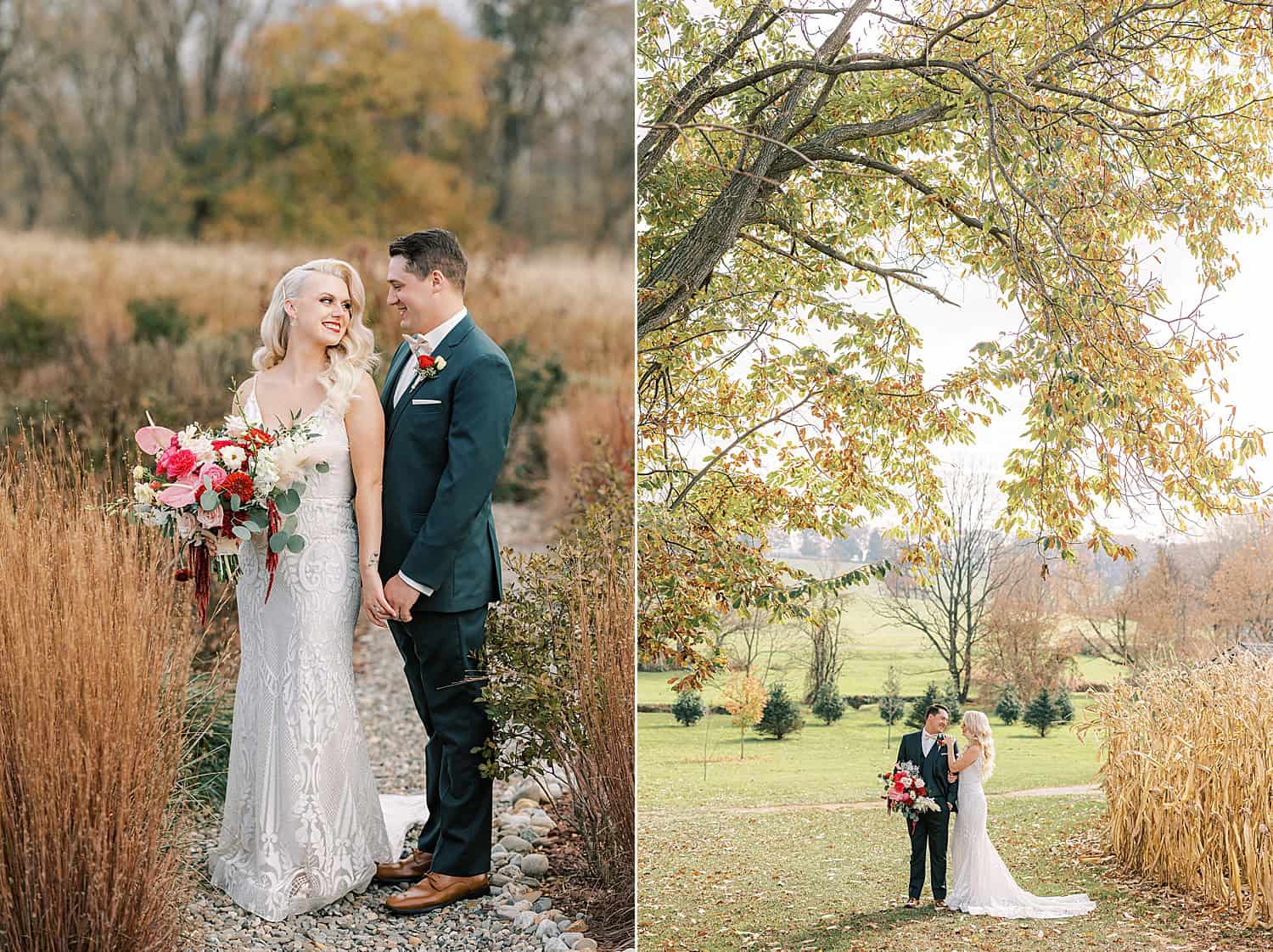 glamorous bride with bouquet of pink and white flowers leans against her groom in navy suit in a field at Osbornia Farm