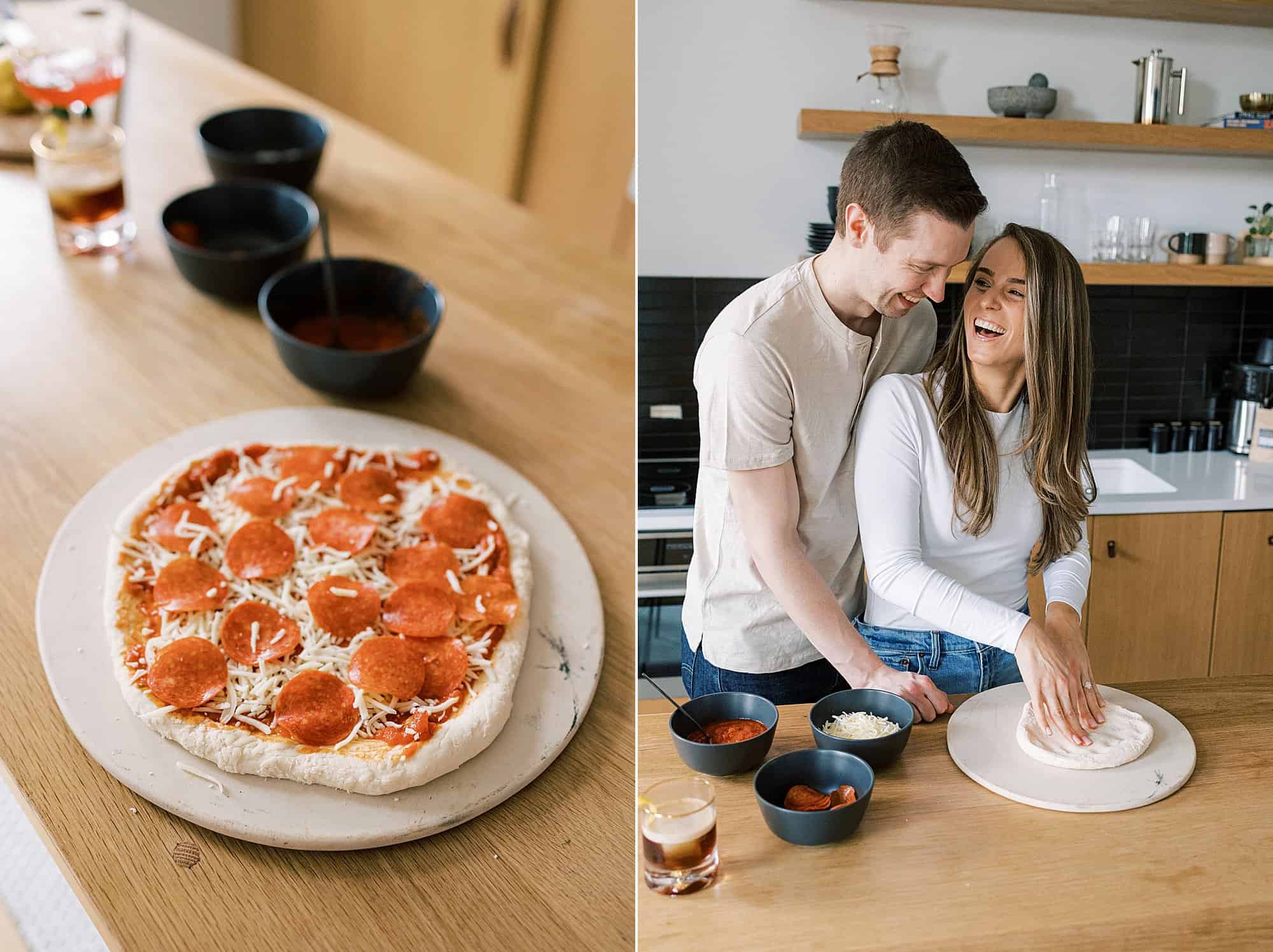 a man and woman smile at each other while making pizza together and a high end kitchen in Northern Liberties Philadelphia 