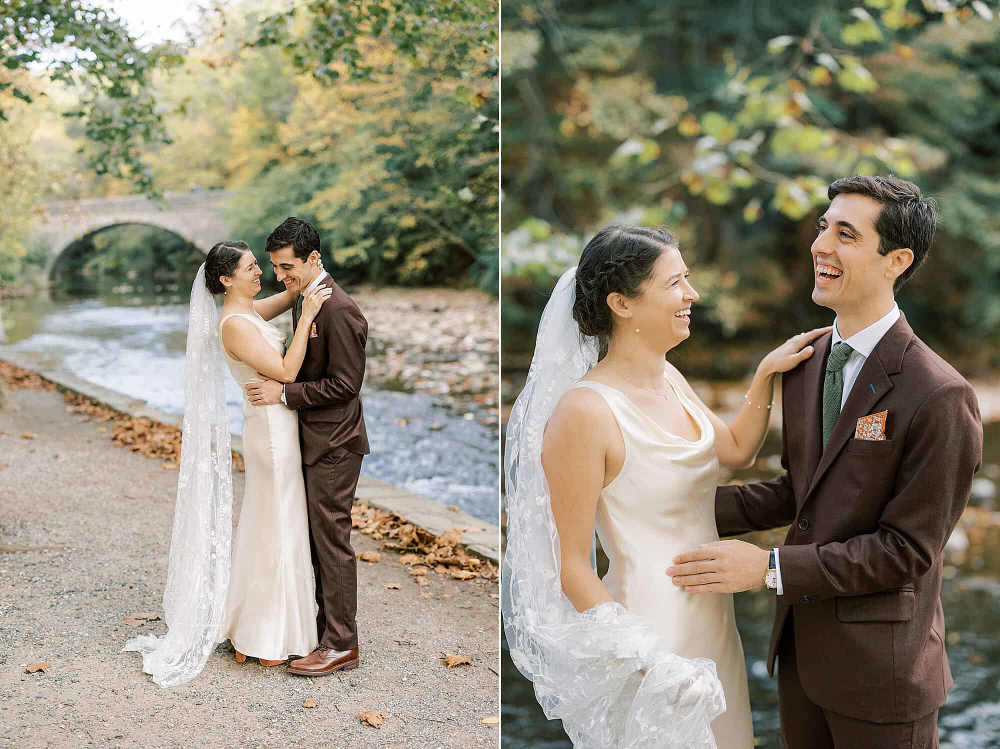 Two side-by-side images of a bride and groom enjoying their wedding day by a picturesque stream. On the left, the couple stands close together, sharing a tender moment with a stone bridge and autumn leaves in the background. The bride wears a satin gown with a floral lace veil, and the groom is dressed in a dark brown suit. On the right, the couple smiles and laughs, capturing their joy against a backdrop of greenery.