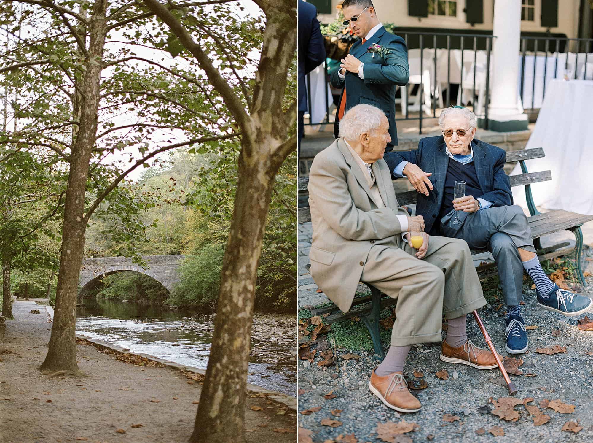 two men sit next to each other on a bench and chat prior to a Valley Green inn wedding ceremony