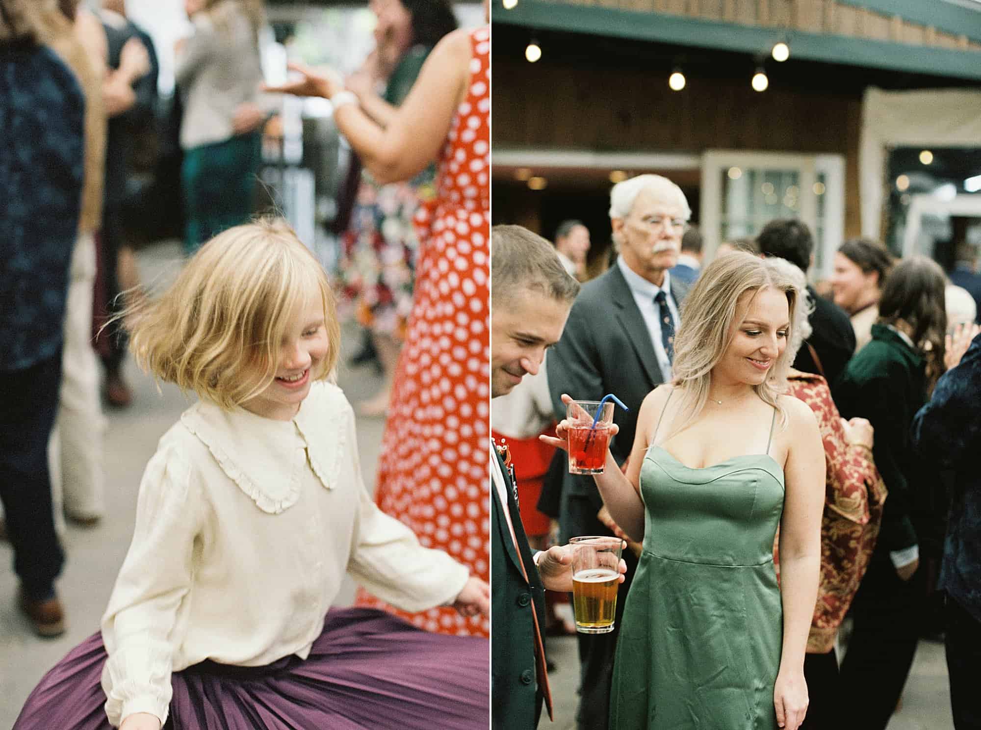 two side by side film images of wedding guests smiling and dancing on the dance floor