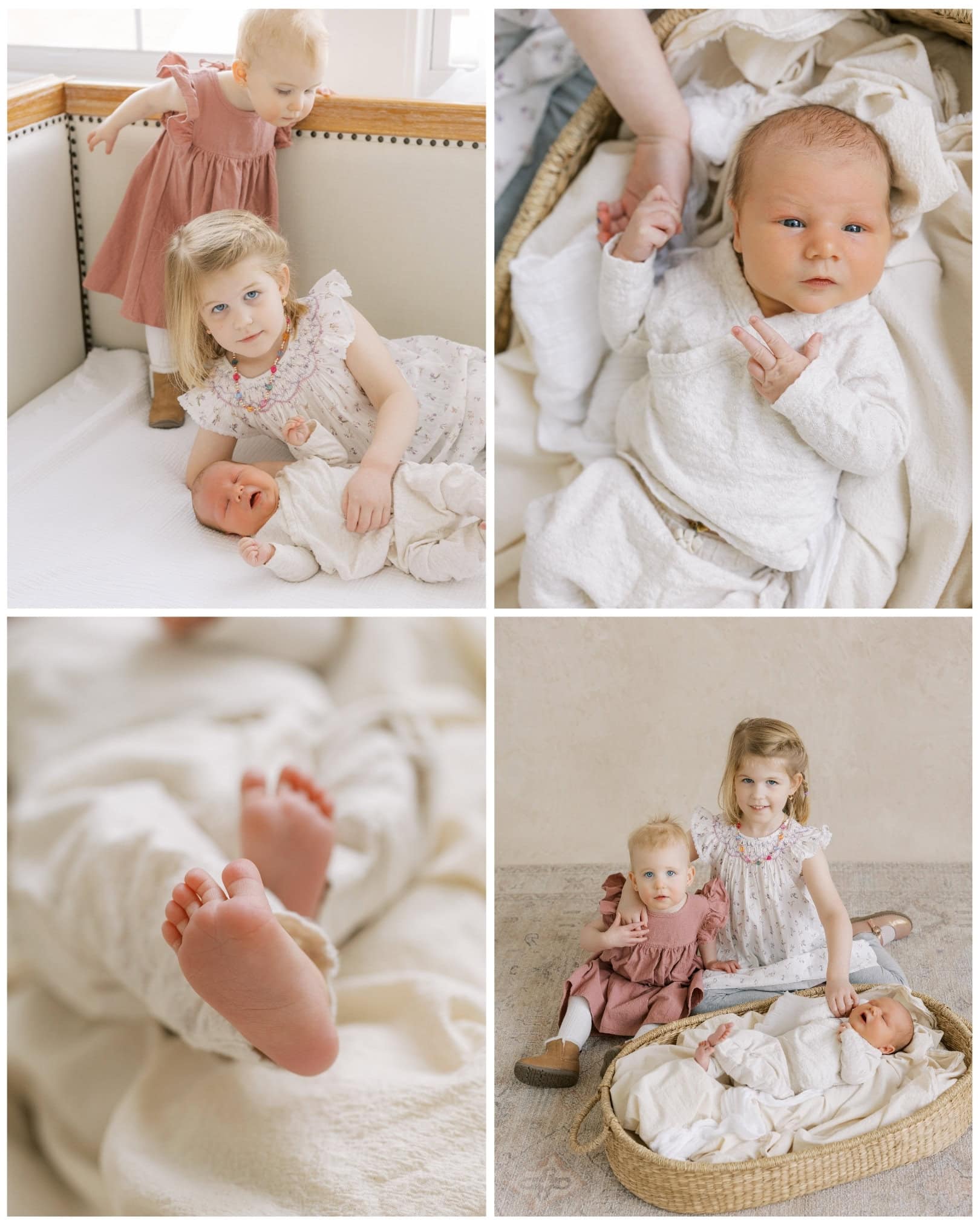 a collage of images that showcase a newborn baby boy and his 2 older sisters posing at Philadelphia newborn photographer, Samantha Jay's, studio in Aston PA