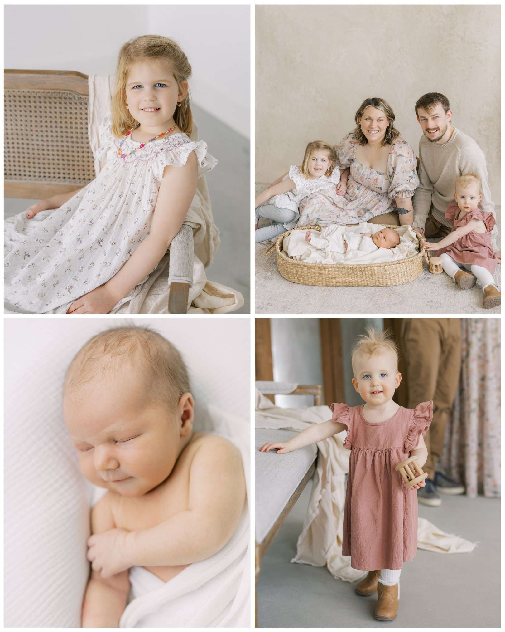 a collage of 4 images that showcase a blonde 6 year old girl in a floral dress, a newborn portrait of a baby boy, a 2 year old girl in a pink dress and a full family photo on a tan painted backdrop