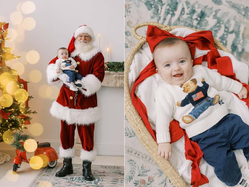 Santa holds a baby boy in a beautiful Christmas living room setting, the baby boy smiles at the camera in a Ralph Lauren teddy bear sweater for Ralph Lauren Christmas