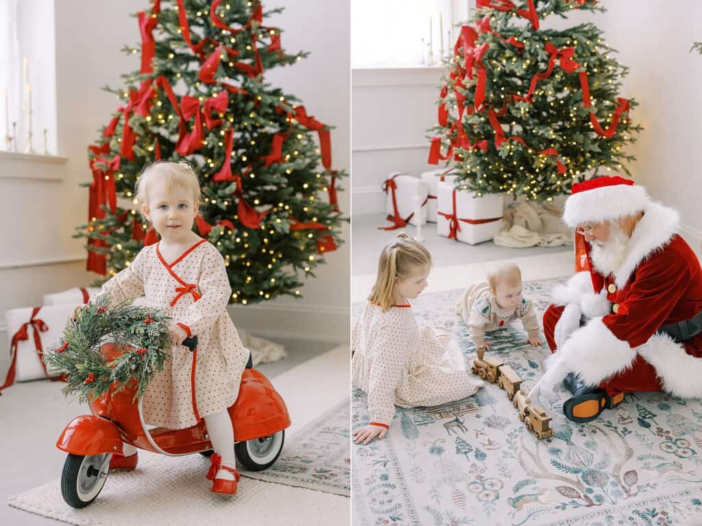 three children play with Santa under the Christmas tree during their Santa Experience photo session with Samantha Jay