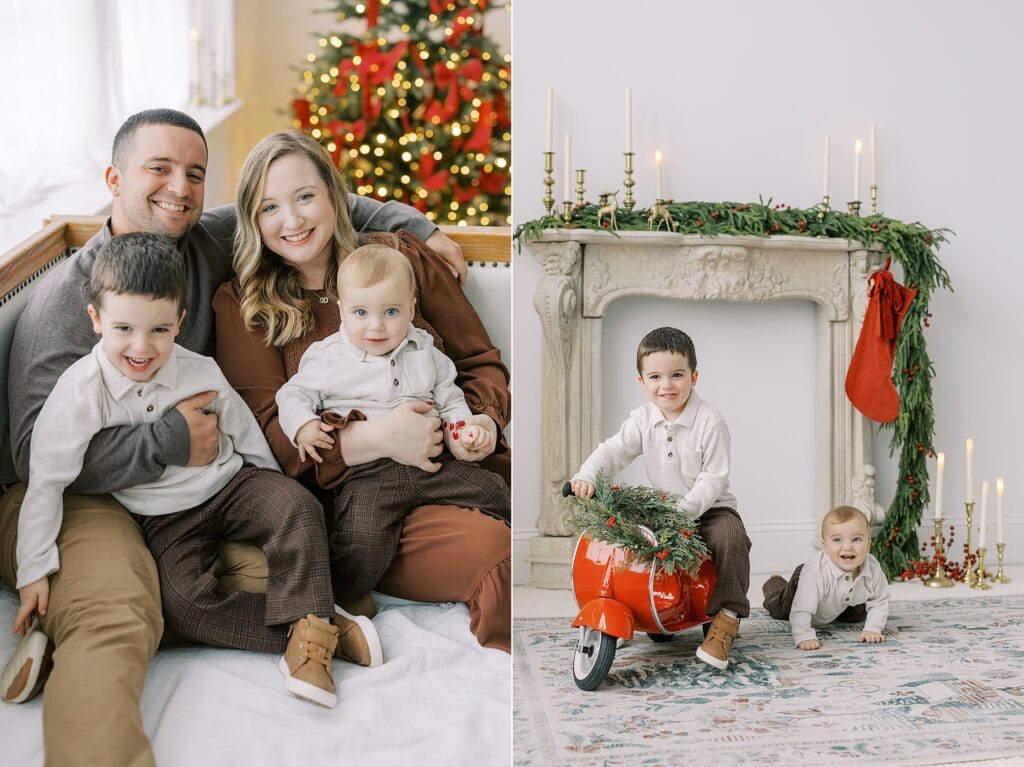 a mother, father and their two boys cuddle up on a white sofa with a softly glowing Christmas tree in the background