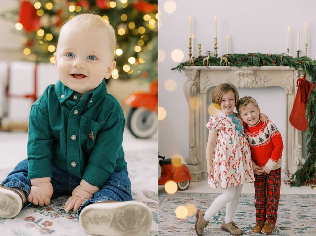 A girl in a candy cane dress and a boy in a red christmas sweater hug each other and smile for the camera surrounded by Christmas joy