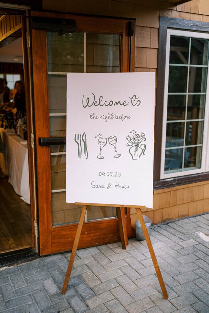 Hand-lettered rehearsal dinner welcome sign for Sara and Kevin on September 5, 2025 at Skytop Lodge in the Pocono Mountains, Pennsylvania