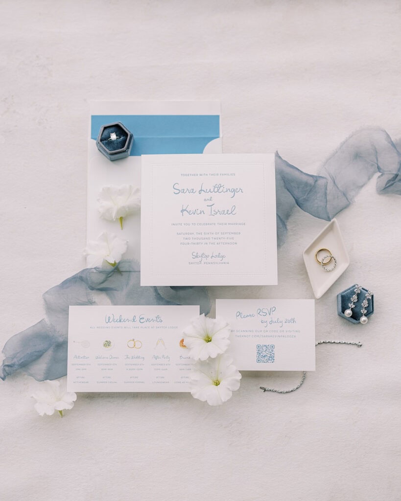 Blue and white wedding invitation suite for a Skytop Lodge wedding weekend, featuring a ceremony card, weekend events insert, and RSVP for Sara and Kevin