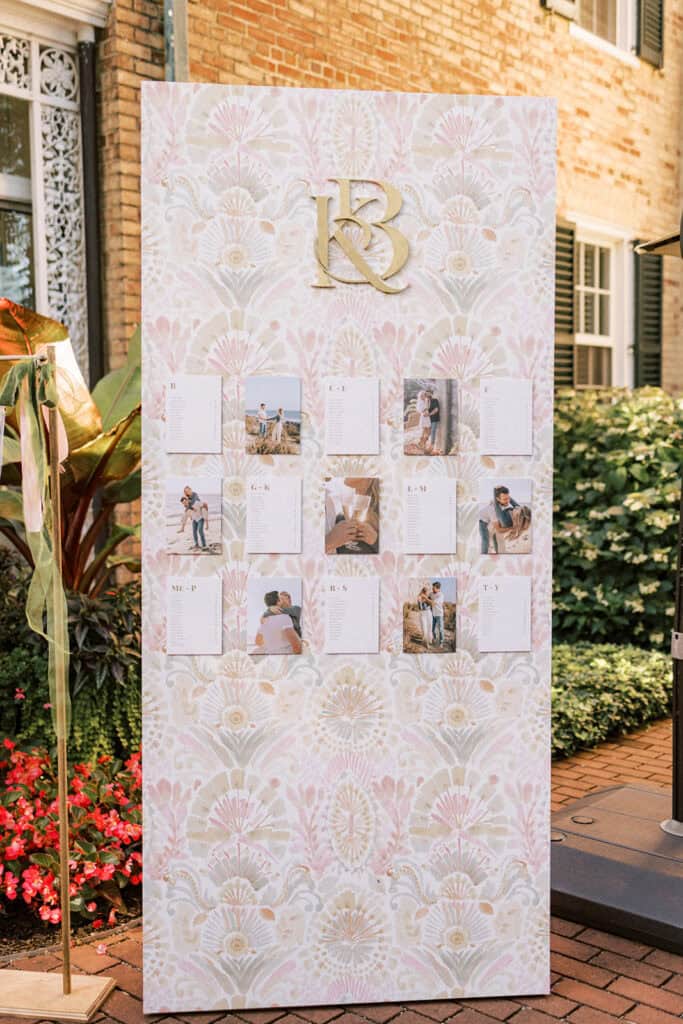 Floral photo seating chart with gold monogram for Drumore Estate summer wedding in Pequea PA featuring summer wedding color palette