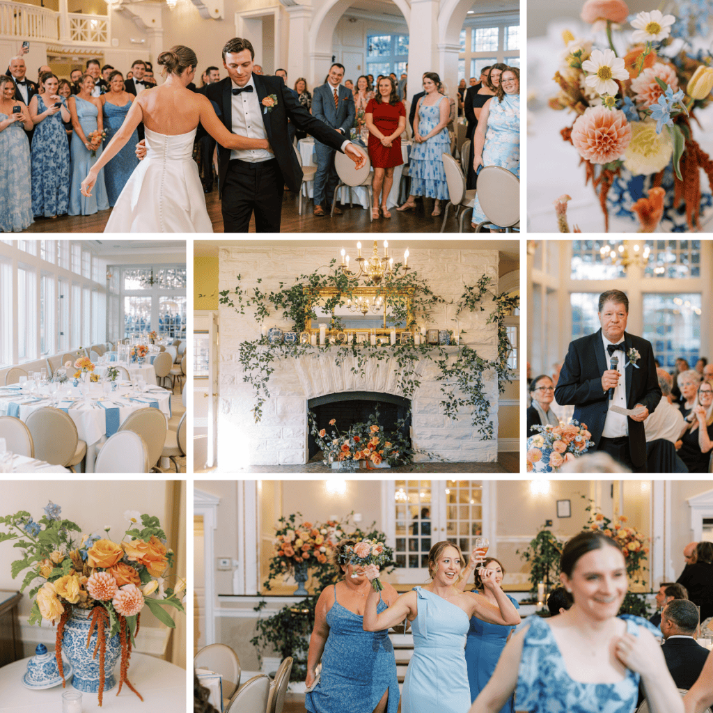 Jena and James's first dance in the bright Philadelphia Cricket Club ballroom, the greenery-draped stone fireplace, peach and blue centerpieces in blue and white ginger jars, and the father of the bride giving a toast