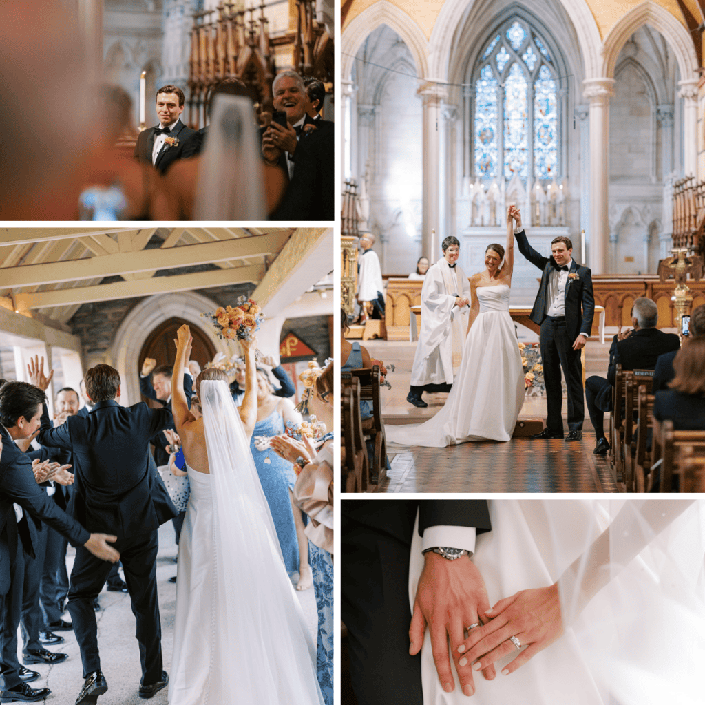 James watching Jena come down the aisle, the newlyweds raising their hands at the altar with their officiant, their joyful recessional through cheering guests, and a close detail of their new wedding rings