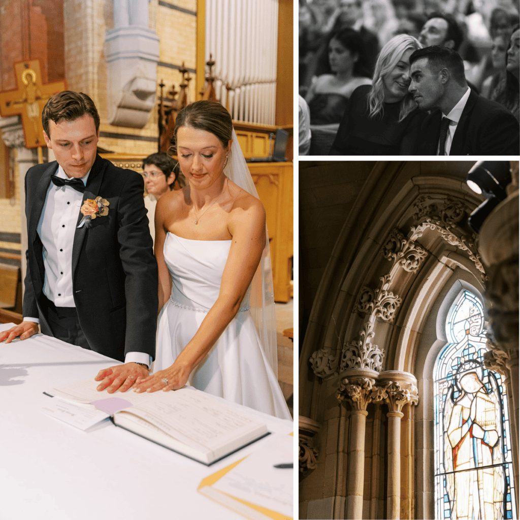 Collage showing bride and groom signing registrar, guests in pews, and stained glass window details during a wedding ceremony at The Church of St. Martin In the Fields