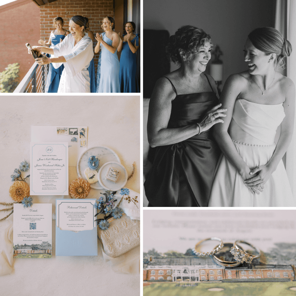 Getting-ready collage of Jena popping champagne with her bridesmaids in blue, a black and white moment laughing with her mom, and the watercolor Philadelphia Cricket Club invitation suite styled with the couple's rings, September wedding by Samantha Jay Photo